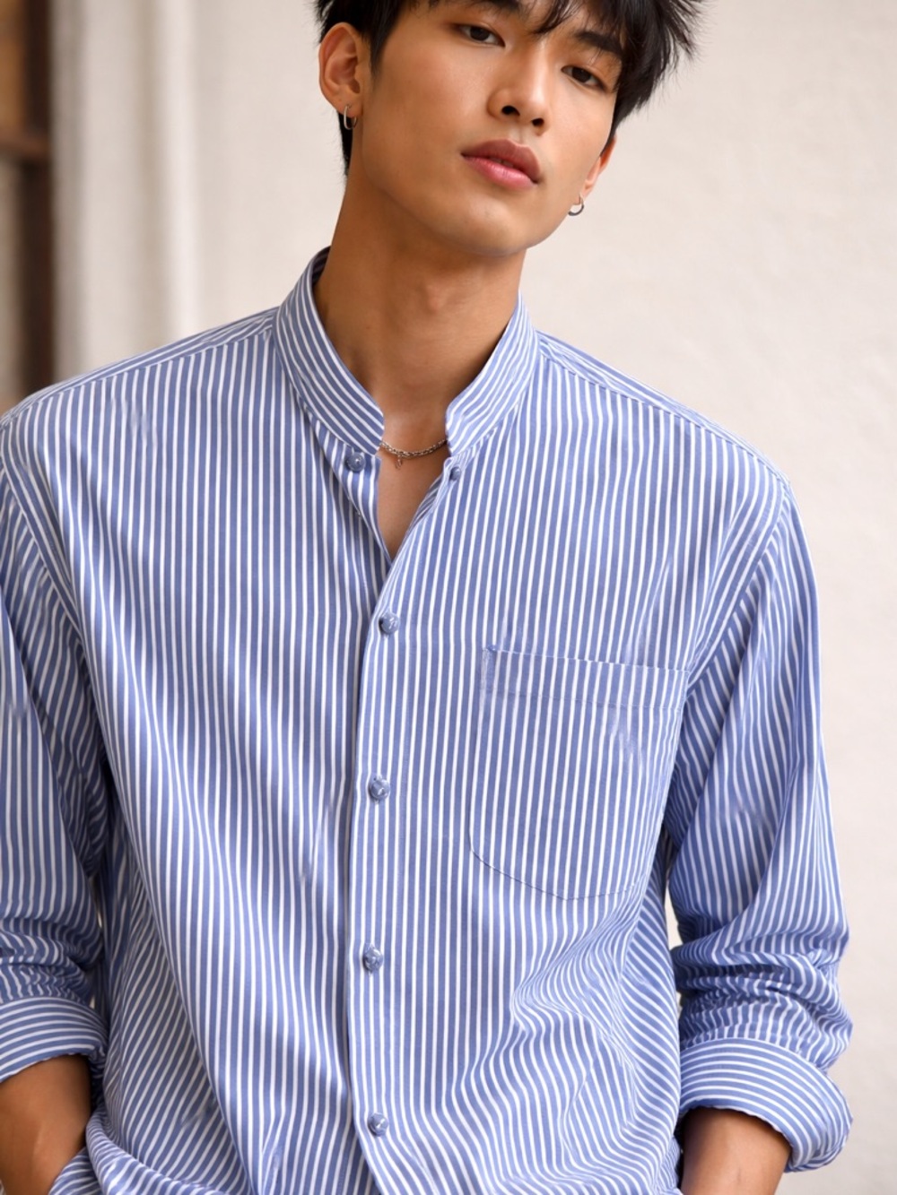 Shanghai tang blue and white striped mandarin collar long sleeve button down XL